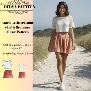 Patron de couture pour mini jupe et chemisier à col bateau, Débardeur femme, Court, Taille : US2-30 (A0-A4-USLETTER)