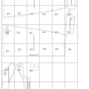 May include: A sewing pattern layout printed on a grid, featuring various garment pieces labeled with numbers and text such as 'SKIRT BACK' and 'SKIRT FRONT'. A small square ruler is visible in section 5/3, showing a 2-inch by 2-inch test square for scale.