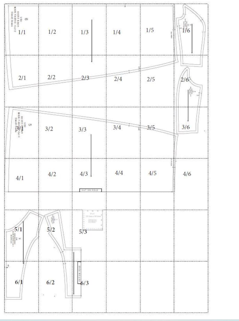 May include: A sewing pattern layout printed on a grid, featuring various garment pieces labeled with numbers and text such as 'SKIRT BACK' and 'SKIRT FRONT'. A small square ruler is visible in section 5/3, showing a 2-inch by 2-inch test square for scale.