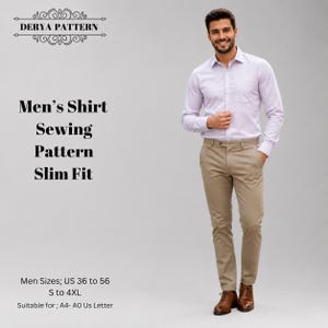 Op de afbeelding: Een naaipatroon voor een slim fit overhemd van Derya Pattern. De afbeelding toont een lichtpaars overhemd met lange mouwen, knoopsluiting en borstzak, gecombineerd met een kaki broek en bruine leren schoenen. Tekst bevat Men's Shirt Sewing Pattern Slim Fit, Men Sizes; US 36 to 56, S to 4XL, en Suitable for; A4- A0 US Letter.