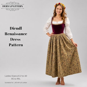 Könnte beinhalten: Ein Dirndl Renaissance Schnittmuster von Derya Pattern mit dunkelrotem Samtoberteil, weißer Langarmbluse und beigem Rock mit Blumenmuster. Der Text enthält Derya Pattern, Dirndl Renaissance Dress Pattern und US-Größen 2 bis 30.