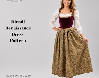 Dirndl Dress Sewing Pattern,Renaissance,Medieval, Fairy Costume Size:US2-30 (A0-A4-USLETTER)