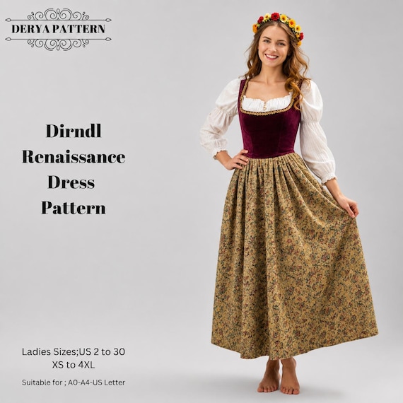 Dirndl Dress Sewing Pattern,Renaissance,Medieval, Fairy Costume Size:US2-30 (A0-A4-USLETTER)