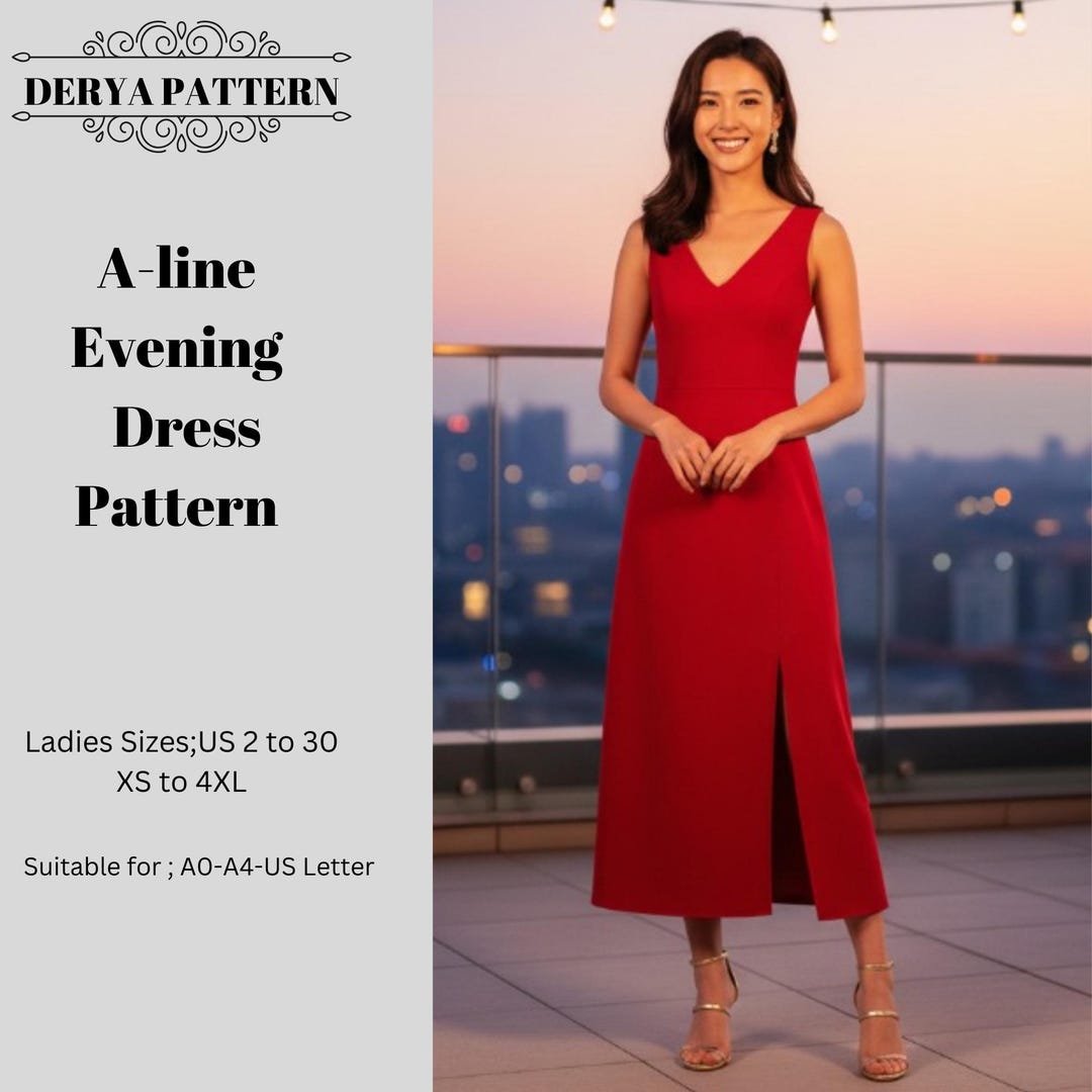 a line evening dress pattern A-line Evening Dress Sewing Pattern, Flared Sleeve (PDF Pattern)