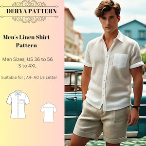 Men&#39;s Linen Shirt Pattern, Shirt Pattern for Men, Button Up Shirt Pattern, Mens Sewing Pattern, Men Size 36 to 56, S to 4 XL A4 A0