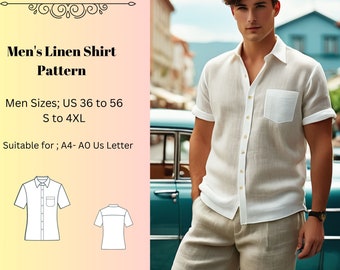 Heren linnen shirt patroon, shirt patroon voor mannen, button up shirt patroon, heren naaipatroon, heren maat 36 tot 56, S tot 4 XL A4 A0