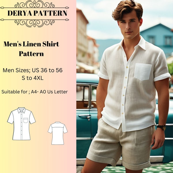 Men's Linen Shirt Pattern, Shirt Pattern for Men, Button Up Shirt Pattern, Mens Sewing Pattern, Men Size 36 to 56, S to 4 XL A4 A0