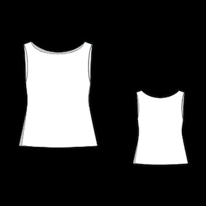 May include: Two white tank tops with scoop necklines are displayed against a black background. The tank tops are sleeveless and have a slightly flared shape. One tank top is larger than the other.