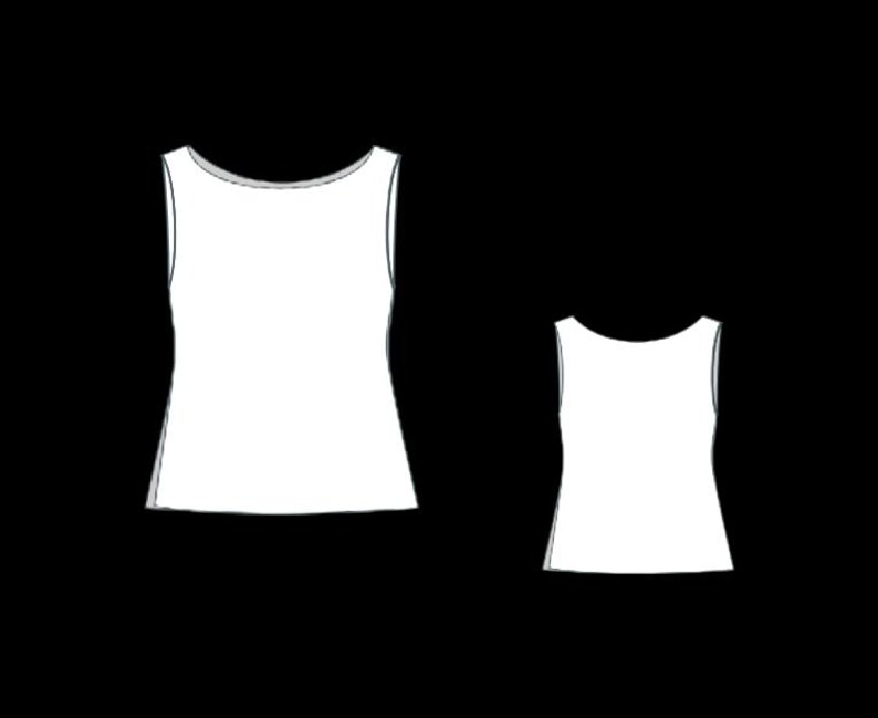 May include: Two white tank tops with scoop necklines are displayed against a black background. The tank tops are sleeveless and have a slightly flared shape. One tank top is larger than the other.