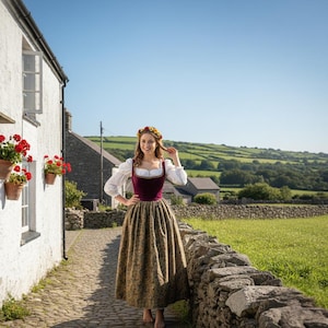 May include: A long dress featuring a deep red velvet bodice with a square neckline and white puff sleeves, paired with a long, full skirt in a muted olive green floral print. A colorful floral crown is worn on the head as a decorative accessory.