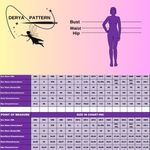 May include: A size chart for clothing with measurements in inches for bust, waist, and hips. The chart includes sizes from XS to 4XL+ and is labeled with the size names in US, International, and European sizing.