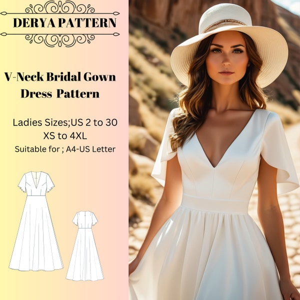 V-Neck Bridal Gown Dress Pattern,Satin Bridal Dress Pattern,Ball Gown, Fairy Dress,Circle Dress Pattern, Wedding Dress Pattern,A4 A0 US 2-30