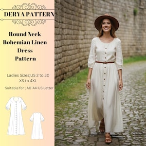 Bohemian Linen Dress Pattern,Women Dress Patterns,Round Neck Ethnic,Tunik , Size:US2-30 (A0-A4-USLETTER)