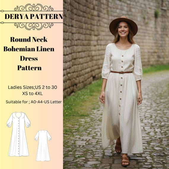 Bohemian Linen Dress Pattern,women Dress Patterns,round Neck Ethnic,tunik , Size:us2-30 (A0-A4-USLETTER) - Etsy Bohemian Linen Dress Pattern,women Dress Patterns,round Neck Ethnic,tunik , Size:us2-30 (A0-A4-USLETTER) - Etsy