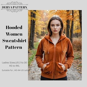 Women&#39;s Zip Hoodie Sewing Pattern, Zip Up Hoodie Pattern, Women&#39;s Hoodie, Sweatshirt Pattern, Hoodie Sewing Pattern for Women,A0 A4-U 2to30
