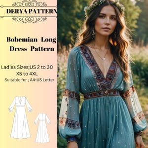 Boho Kleid Schnittmuster, Ethno Kleid Schnittmuster, authentisches Kleid Schnittmuster A0 A4 US Letter-US 2 bis 30'