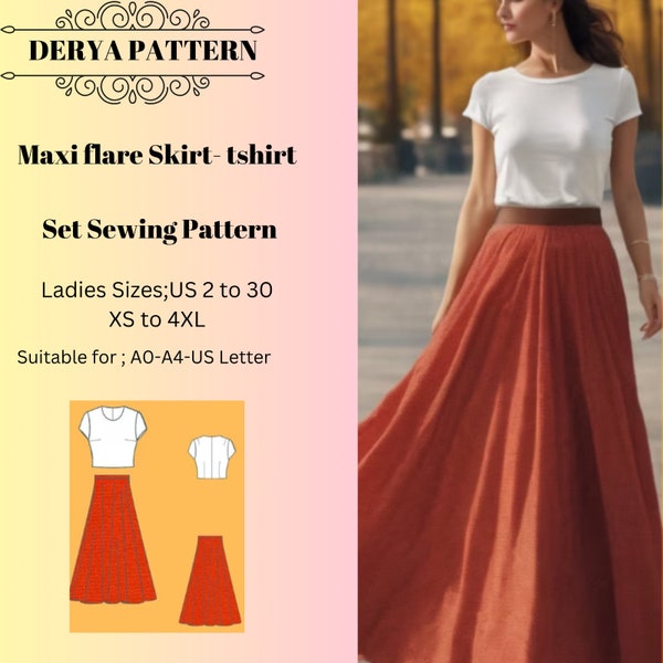 Maxi flare Skirt- tshirt Sewing Pattern, Women T-shirt Sewing Pattern,  Women's Crop t-shirt,  The Easiest Mold to Make Women's T-Shirt