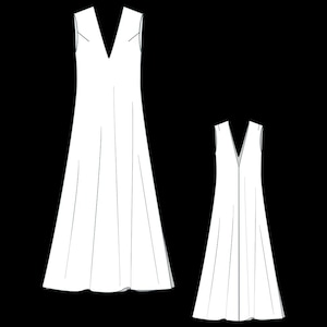 May include: A technical line drawing of a sleeveless dress featuring a deep V-neckline and a flared, floor-length skirt. The illustration displays the garment from a front-facing perspective in two different sizes, showcasing the silhouette and seams.