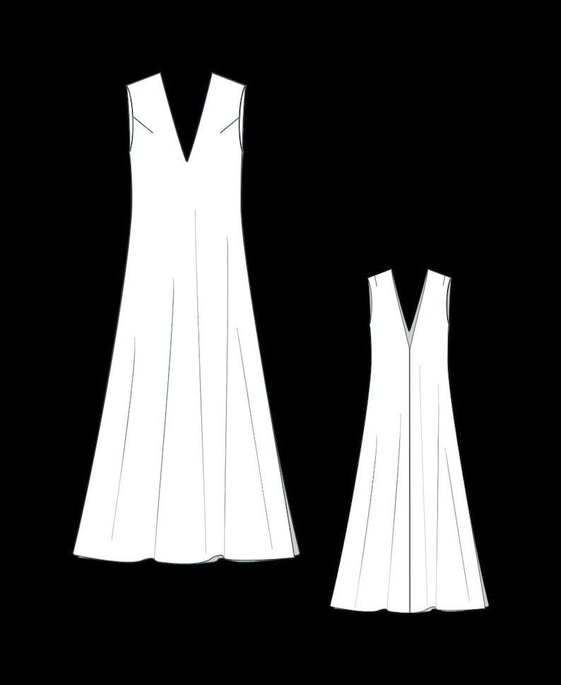 May include: A technical line drawing of a sleeveless dress featuring a deep V-neckline and a flared, floor-length skirt. The illustration displays the garment from a front-facing perspective in two different sizes, showcasing the silhouette and seams.