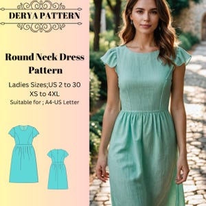 Patrón de vestido de cuello redondo, patrón de vestido de lino de verano, patrón de vestido de primavera, patrón de vestido de mujer, tamaño A0 A4 Carta de EE. UU. - EE. UU. 2 a 30
