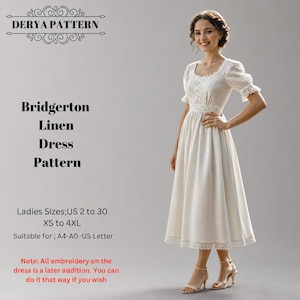 May include: A cream-colored midi dress with short puff sleeves, a square neckline, and lace trim details at the bodice and hem. The text reads DERYA PATTERN, Bridgerton Linen Dress Pattern, Ladies Sizes US 2 to 30, XS to 4XL, Suitable for A4-A0-US Letter.