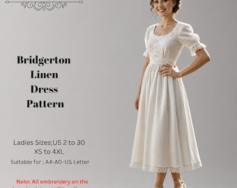 Könnte beinhalten: Ein cremefarbenes Midikleid mit kurzen Puffärmeln, einem eckigen Ausschnitt und Spitzendetails am Oberteil und Saum. Der Text lautet DERYA PATTERN, Bridgerton Linen Dress Pattern, Ladies Sizes US 2 to 30, XS to 4XL, Suitable for A4-A0-US Letter.