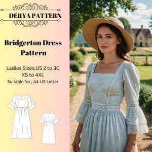 Bridgerton Dress Sewing Pattern: Regency Gown, US Size 2-30 (PDF Pattern)
