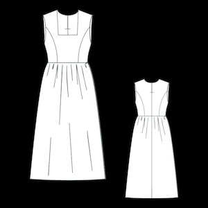 May include: A technical line drawing of a sleeveless dress featuring a square neckline, a fitted bodice with princess seams, and a gathered skirt that falls to a midi length. The illustration displays both the front and back views of the garment.