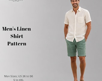 May include: A sewing pattern for a short-sleeved linen shirt labeled DERYA PATTERN. The text indicates Men Sizes US 36 to 56, S to 4XL, and compatibility with A4, A0, and US Letter formats. The design features a button-down front and a chest pocket.