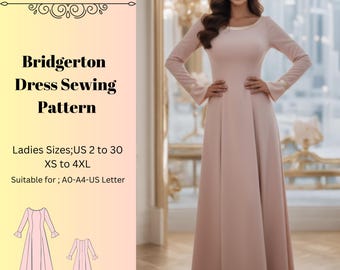 Bridgerton Kleid Schnittmuster, Frauen Kleid Schnittmuster, Schnittmuster Schnittmuster, Grösse:US2-30(A0-A4-USLETTER)