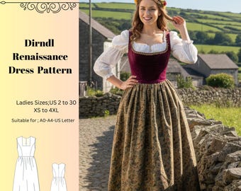 Dirndl Dress Sewing Pattern,Renaissance,Medieval, Fairy Costume Size:US2-30 (A0-A4-USLETTER)