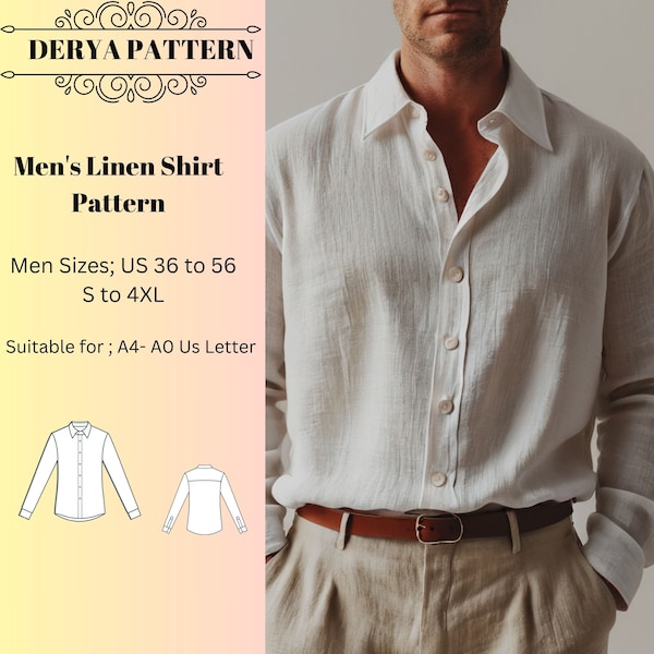 Men's Linen Shirt Pattern, Shirt Pattern for Men, Button Up Shirt Pattern, Mens Sewing Pattern, Men Size 36 to 56, S to 4 XL A4 A0