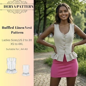 Patrón de chaleco de lino con volantes, patrones de vestidos tipo chaleco para mujer, tallas: US2-30 (A0-A4-USLETTER)