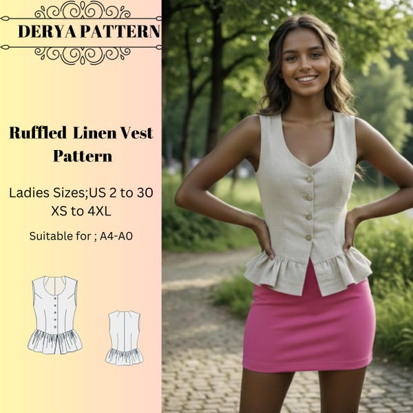 Ruffled Linen Vest Pattern,Women Vest Dress Patterns, Size:US2-30 (A0-A4-USLETTER)