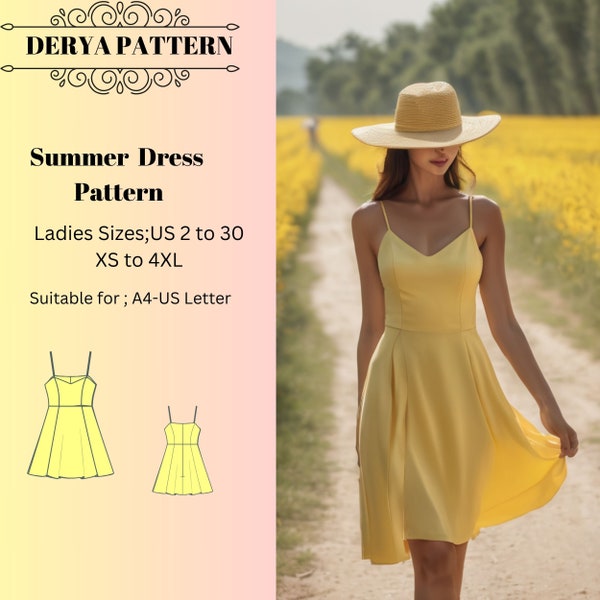 Patrón de vestido de verano, patrón de costura de vestido de tiras de verano, patrón de vestido de primavera, patrón de vestido de mujer A0 A4 US Letter-US 2 a 30