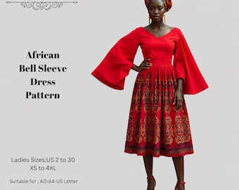 African Bell Sleeve Dress Pattern,Women Dress Patterns,Ankara Print, Size:US2-30 (A0-A4-USLETTER)