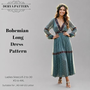 May include: A long-sleeved, teal-colored dress featuring a V-neckline, a cinched waist, and a tiered skirt with intricate dark-toned embroidery. The fabric is adorned with small, light-colored dots. Text reads: DERYA PATTERN, Bohemian Long Dress Pattern.