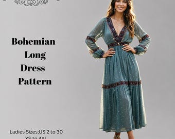 Bohemian Long Dress Sewing Pattern,Women Dress Patterns,Ethnic Style,Boho, Size:US2-30 (A0-A4-USLETTER)