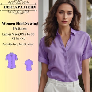 Padrão de costura para camisa feminina, camisa feminina, padrão de costura para camisa, padrão de costura para uso diário A0 A4 Carta EUA - EUA 2 a 30'