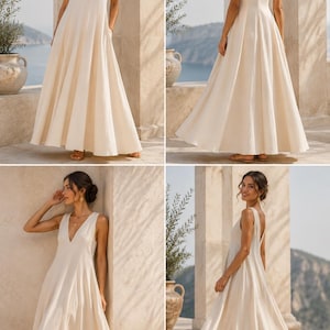 May include: A floor-length cream-colored sleeveless dress featuring a deep V-neckline, a fitted bodice, and a full, flowing skirt. The garment includes side pockets and a deep V-shaped back, showcasing a simple, solid-colored design.