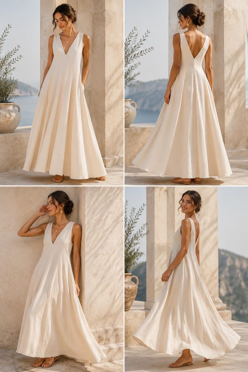 May include: A floor-length cream-colored sleeveless dress featuring a deep V-neckline, a fitted bodice, and a full, flowing skirt. The garment includes side pockets and a deep V-shaped back, showcasing a simple, solid-colored design.