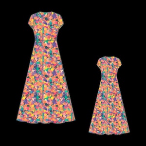May include: A floor-length dress featuring a vibrant, multicolored abstract pattern of orange, pink, purple, and teal shapes. The garment has short sleeves, a round neckline, a defined waistline, and a full-length skirt with a visible back closure.
