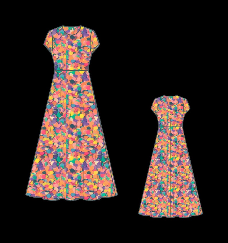 May include: A floor-length dress featuring a vibrant, multicolored abstract pattern of orange, pink, purple, and teal shapes. The garment has short sleeves, a round neckline, a defined waistline, and a full-length skirt with a visible back closure.