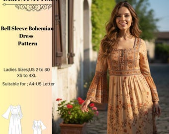 Bell Sleeve Bohemian Dress Sewing Pattern,Women Dress Patterns,Summer Dresses, Size:US2-30 (A0-A4-USLETTER)
