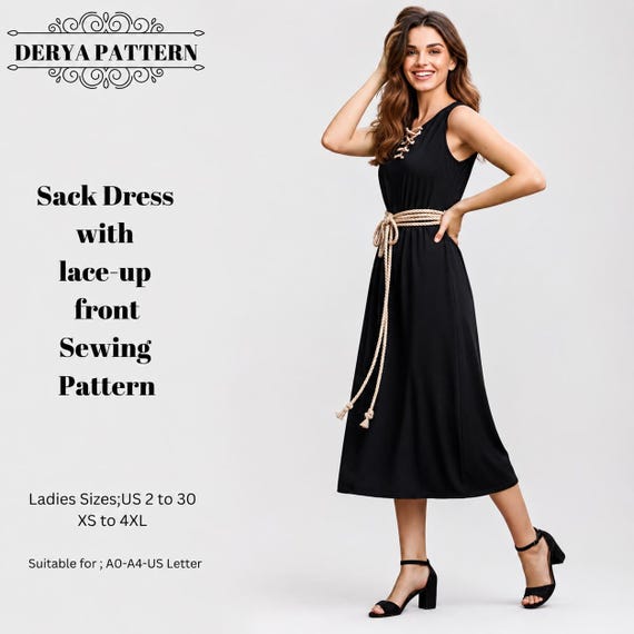Lace-Up Front Sack Dress Sewing Pattern,Greek Goddess Dress,Minimalist Boho Dresses US2-30 (A0-A4-USLETTER)