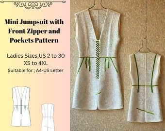 Mini-Jumpsuit mit Reißverschluss vorne und Taschenmuster, Urlaubs Jumpsuit Modell, A0 A4 US Letter-US 2 bis 30