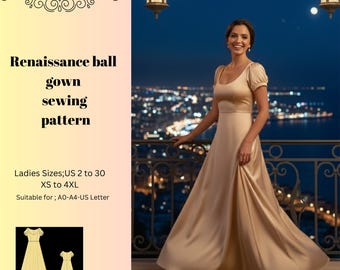 Renaissance Ball Gown Sewing Pattern,Women Dress Patterns,Medieval Dresses Cosplay,EveningSize:US2-30 (A0-A4-USLETTER)