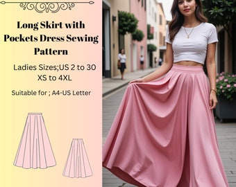 Long Skirt with Pockets Dress Sewing Pattern,Ball Gown,evening dress,wedding dress pattern, women skirt, A0 A4 US Letter-US 2 to 30