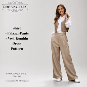 Shirt, Palazzo Pants and Vest Sewing Pattern,Women Dress Patterns,Linen ClothingSize:US2-30 (A0-A4-USLETTER)