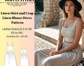 Linen Skirt and Short Blouse Dress Pattern: casualUS 2-30, XS-4XL (A0-A4 Sizes) (PDF Pattern)